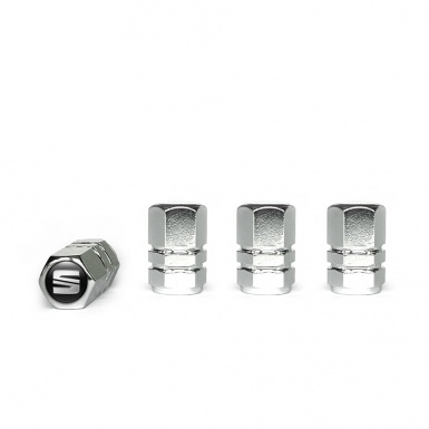 Seat Tyre Valve Caps Chrome 4 pcs Black Silicone Sticker 3D Logo