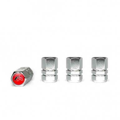 Seat FR Tyre Valve Caps Chrome 4 pcs Red Silicone Sticker