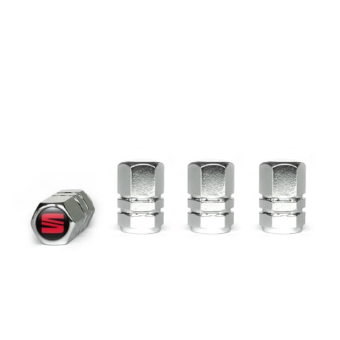 Seat Tyre Valve Caps Chrome 4 pcs Black Silicone Sticker Red Logo