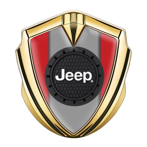 Jeep Emblem Logo Schriftzug Aufkleber Goldtonfarbe Rote Hintergrund mit Rudes logo