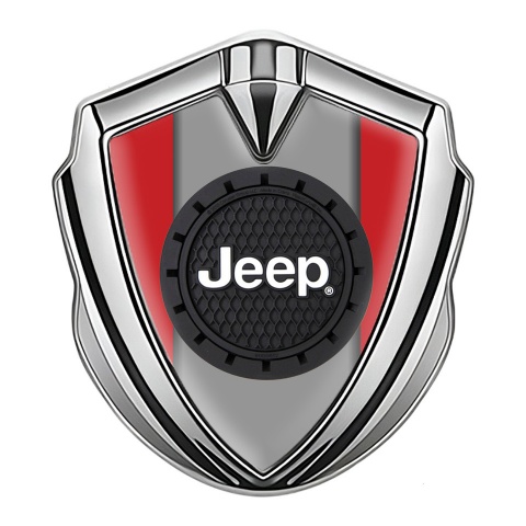 Jeep Emblem Logo Schriftzug Aufkleber Silbertonfarbe Rote Hintergrund mit Rudes logo