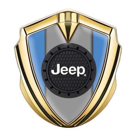 Jeep Emblem Auto Zeichen Goldtonfarbe Blau Hintergrund mit Rundes Logo Design