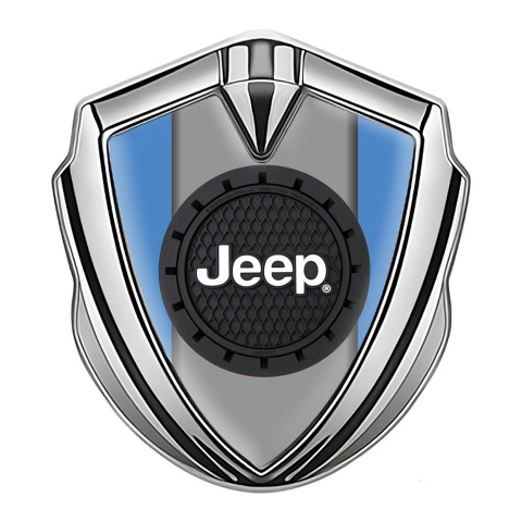 Jeep Emblem Auto Zeichen Silbertonfarbe Blau Hintergrund mit Rundes Logo Design