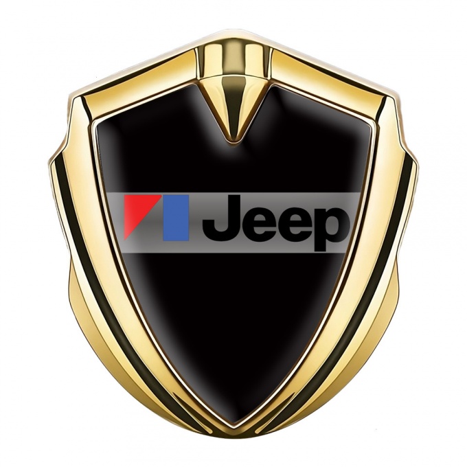 Jeep Emblem Logo Schriftzug Aufkleber Goldtonfarbe Schwarz Fundament mit Grauer Balken Logo