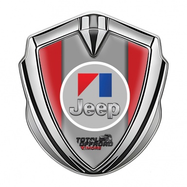 Jeep Selbstklebendes Metallaufkleber Emblem Silbertonfarbe Rote Hintergrund mit Rundes Grau Logo