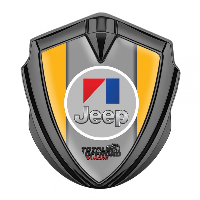 Jeep Emblem Logo Schriftzug Aufkleber Graphit Tonfarbe Gelb Basis mit Rundes Grau Logo 