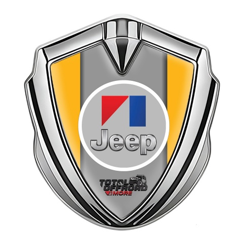 Jeep Emblem Logo Schriftzug Aufkleber Silbertonfarbe Gelb Basis mit Rundes Grau Logo