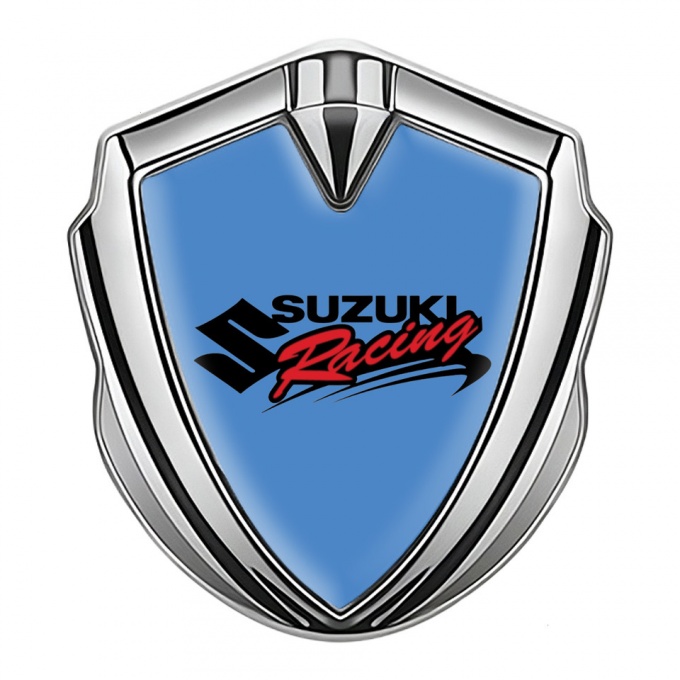 Suzuki Domed Emblem Badge Silver Glacial Blue Fill Racing Logo Design