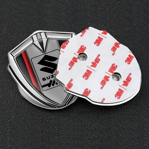 Suzuki Metal Emblem Self Adhesive Silver Crimson Stripe Gearshift Logo