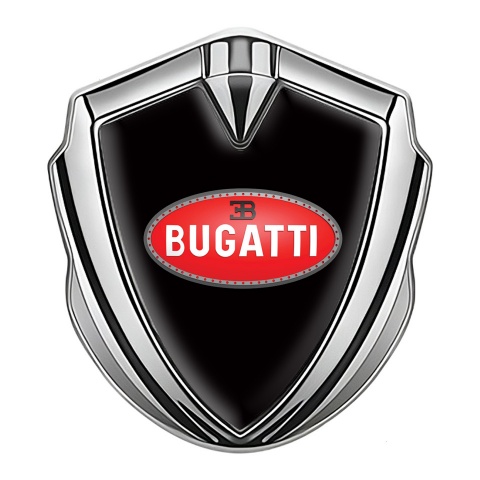 Bugatti 3d Emblem Badge Silver Black Base Red Oval Logo Design