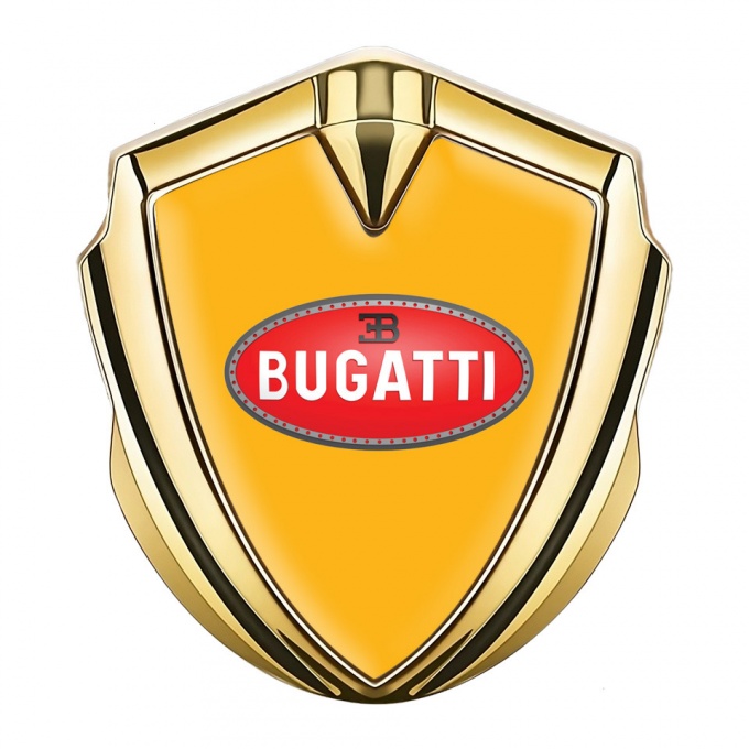 Bugatti Emblem Car Badge Gold Yellow Base Red Oval Logo Design