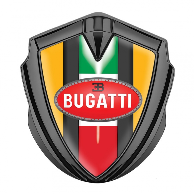 Bugatti Metal Emblem Badge Graphite Yellow Base Italian Flag Edition