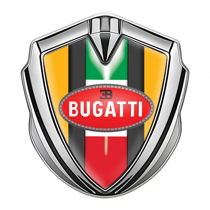 Bugatti Metal Emblem Badge Silver Yellow Base Italian Flag Edition