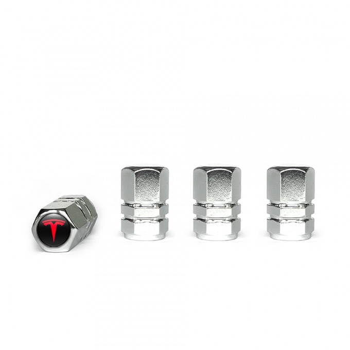 Tesla Tyre Valve Caps Chrome 4 pcs Red Logo