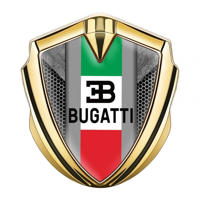 Bugatti Emblem Metal Badge Gold Grey Hexagon Italian Flag Design