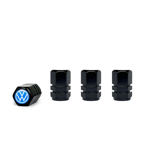 VW Valve Steam Caps Black 4 pcs Blue White Logo