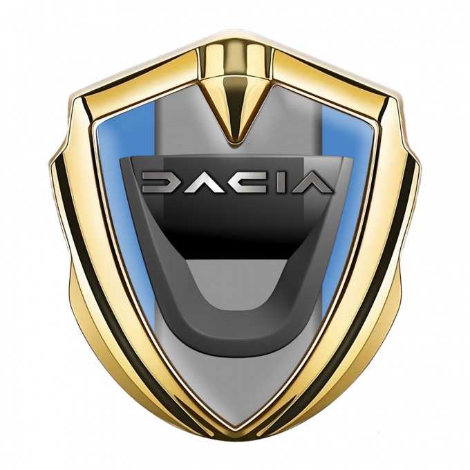 Dacia Metal Emblem Badge Gold Glacial Blue Frame Matte Logo