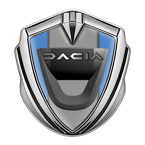 Dacia Metal Emblem Badge Silver Glacial Blue Frame Matte Logo