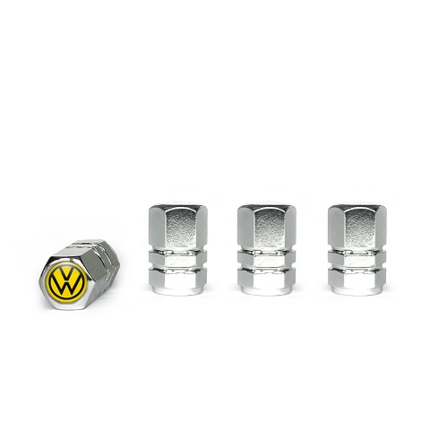 VW Tyre Valve Caps Chrome 4 pcs Yellow Black Logo