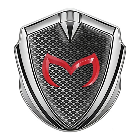 Mazda Emblem Badge Self Adhesive Silver Metal Grate Red Logo