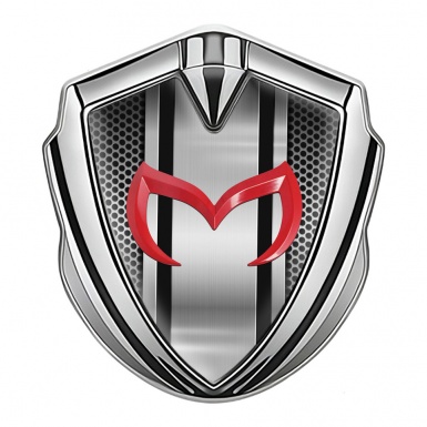 Mazda Silicon Emblem Badge Silver Grey Perforated Steel Red Logo