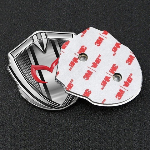 Mazda Silicon Emblem Badge Silver Grey Perforated Steel Red Logo