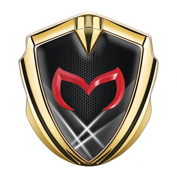 Mazda Badge Self Adhesive Gold Dark Hexagon Pattern Red Logo