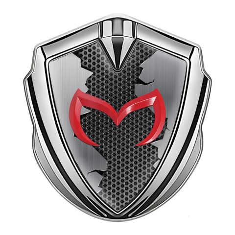 Mazda Emblem Fender Badge Silver Torn Steel Effect Red Logo
