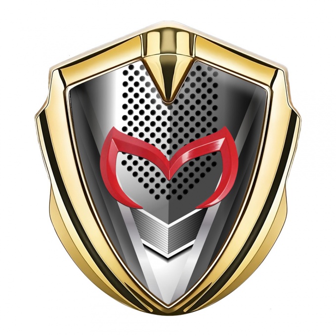 Mazda Emblem Metal Badge Gold Modern Steel Effect Red Logo