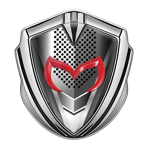 Mazda Emblem Metal Badge Silver Modern Steel Effect Red Logo