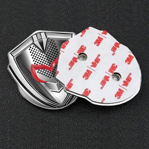 Mazda Emblem Metal Badge Silver Modern Steel Effect Red Logo