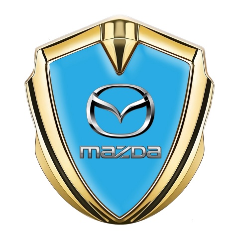 Mazda Emblem Car Badge Gold Sky Blue Classic Logo Steel Effect