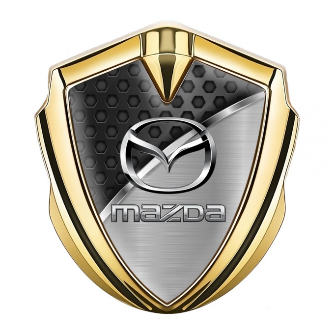 Mazda Emblem Car Badge Gold Hexagon Base Chrome Logo Effect