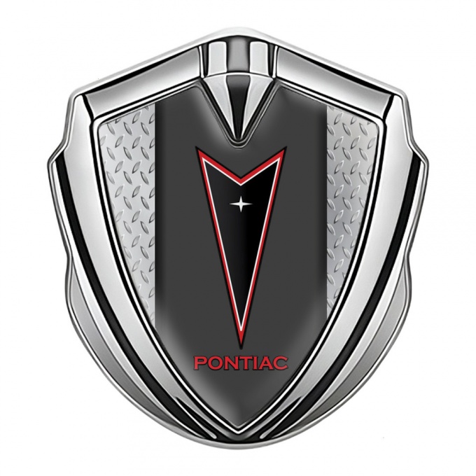 Pontiac Metal Domed Emblem Silver Treadplate Frame Red Outline Logo