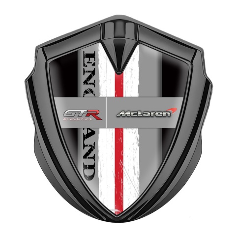 Mclaren GTR Metal Emblem Badge Graphite Black Base England Flag