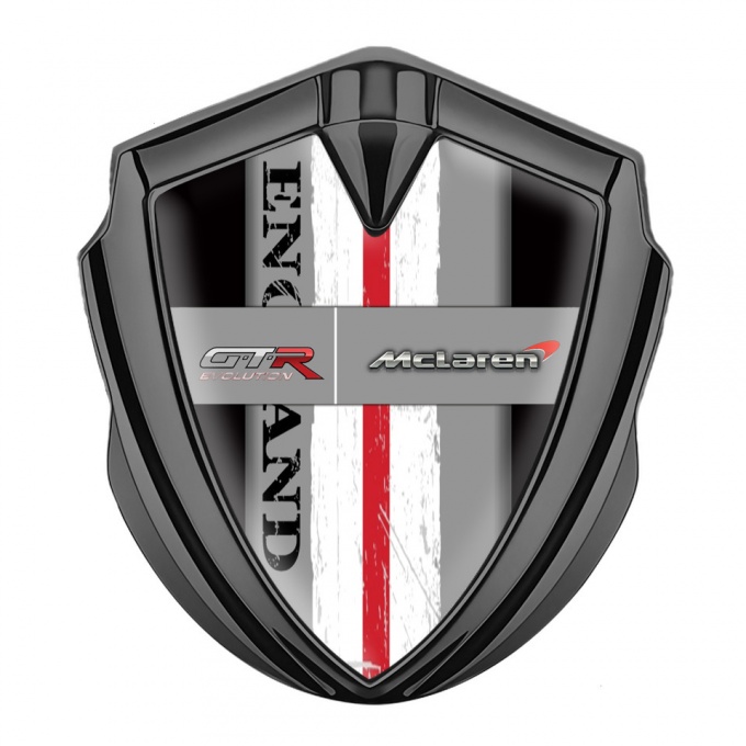 Mclaren GTR Metal Emblem Badge Graphite Black Base England Flag