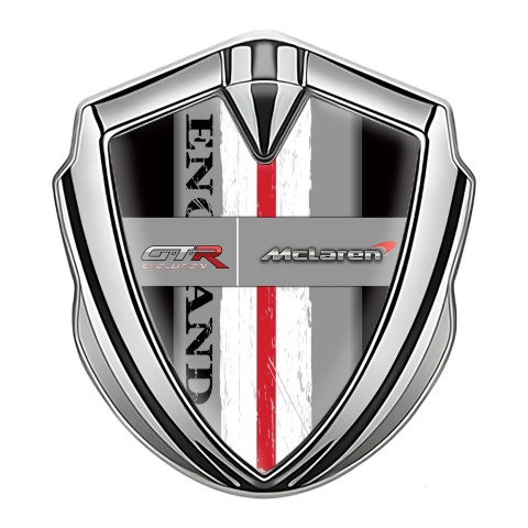 Mclaren GTR Metal Emblem Badge Silver Black Base England Flag