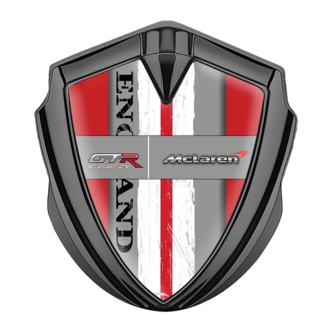 Mclaren GTR Metal Emblem Badge Graphite Red Frame England Flag