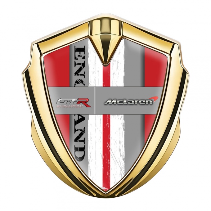Mclaren GTR Metal Emblem Badge Gold Red Frame England Flag