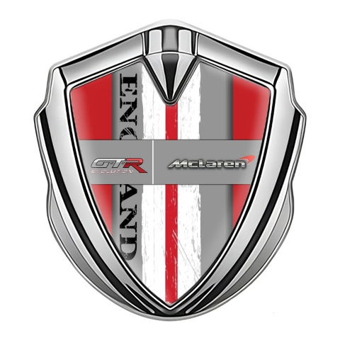 Mclaren GTR Metal Emblem Badge Silver Red Frame England Flag