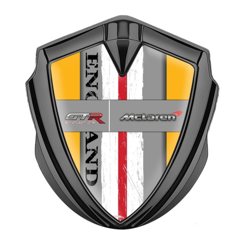 Mclaren GTR Domed Emblem Badge Graphite Yellow Frame England Flag
