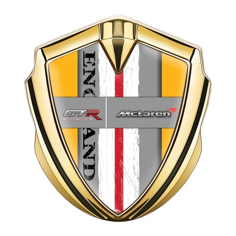 Mclaren GTR Domed Emblem Badge Gold Yellow Frame England Flag