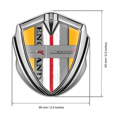 Mclaren GTR Domed Emblem Badge Silver Yellow Frame England Flag