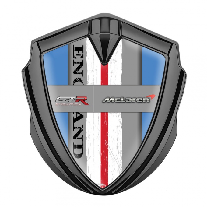 Mclaren GTR Emblem Metal Badge Graphite Blue Frame England Flag