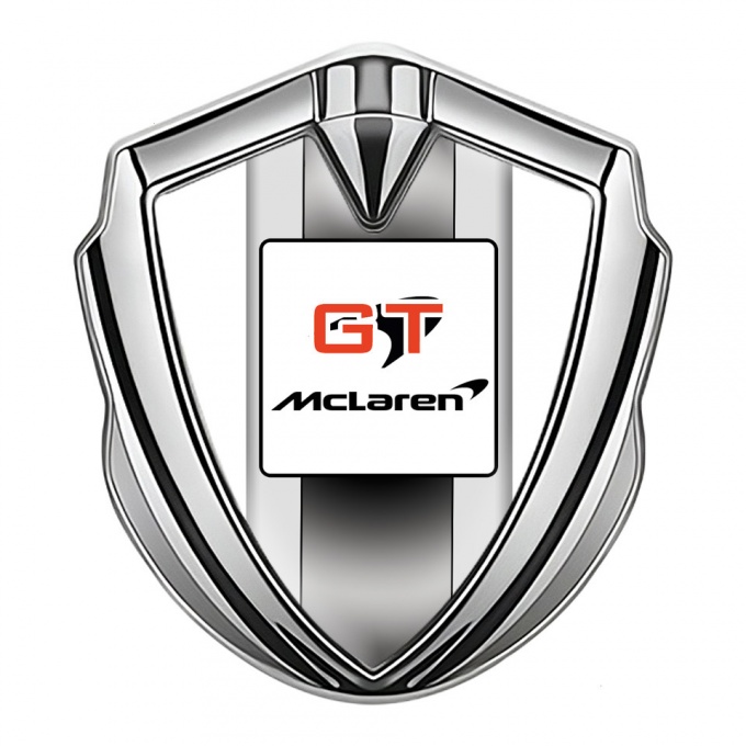 Mclaren GT Emblem Self Adhesive Silver White Frame Grey Stripes Design