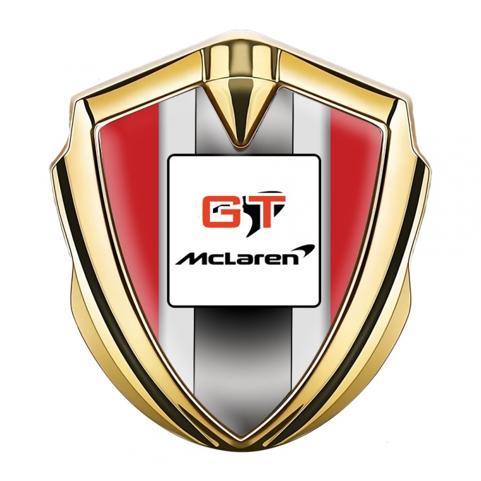 Mclaren GT Metal Emblem Badge Gold Red Frame Grey Stripes Design