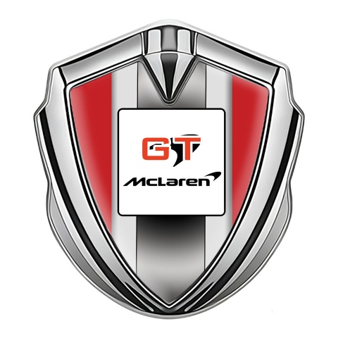 Mclaren GT Metal Emblem Badge Silver Red Frame Grey Stripes Design