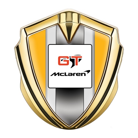 Mclaren GT Domed Emblem Badge Gold Orange Frame Grey Stripes Design