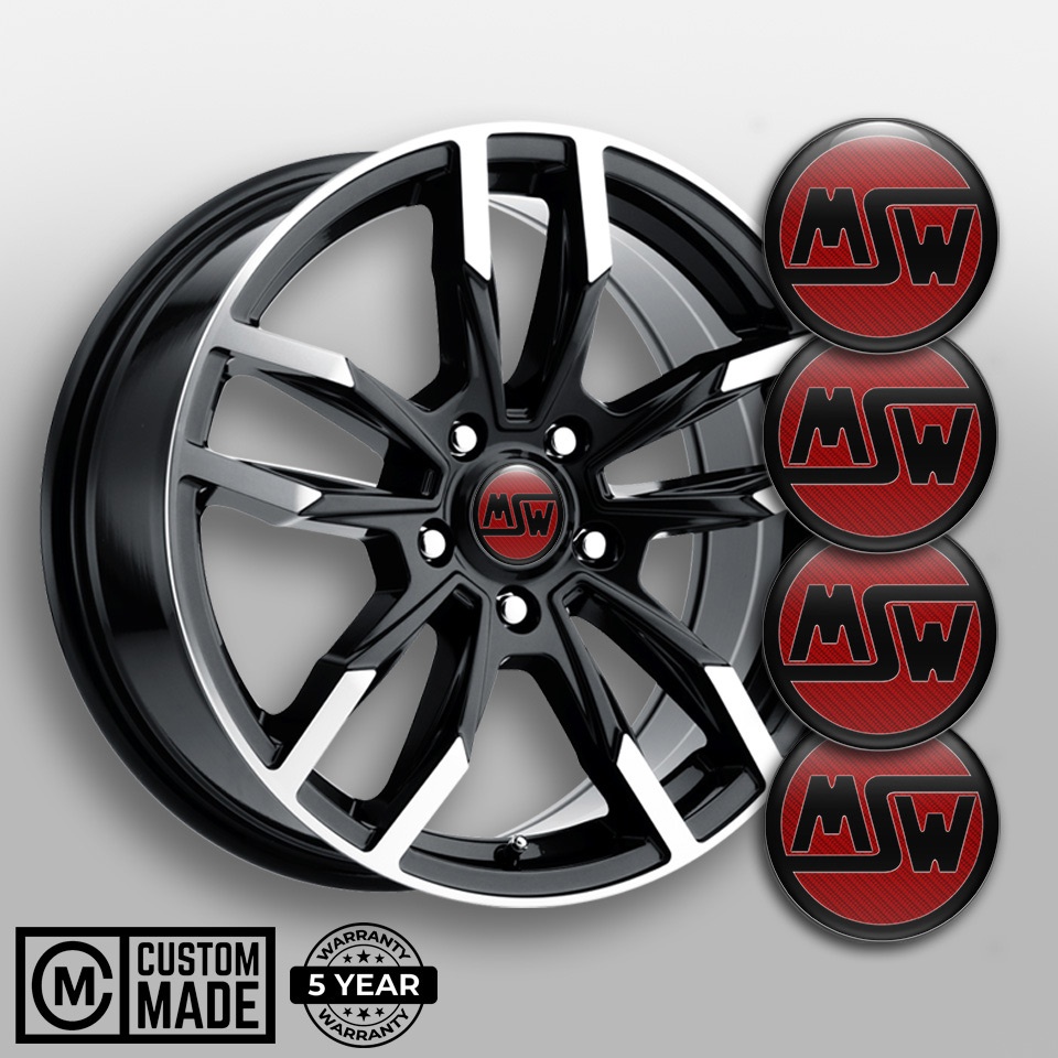 MSW Domed Stickers for Wheel Center Caps Red Carbon Black Ring Logo ...