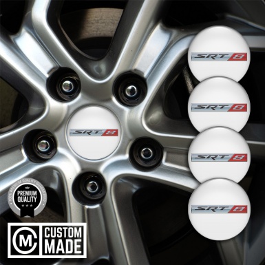 Dodge SRT8 Wheel Stickers for Center Caps White Base Metal Logo